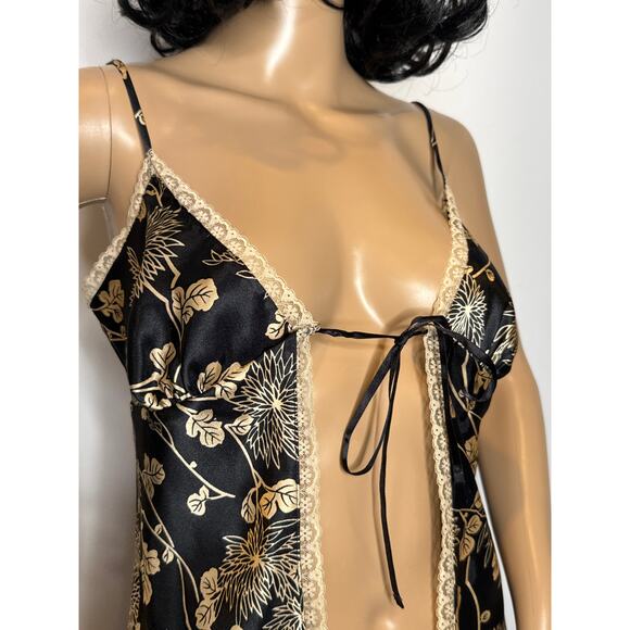 Victoria’s Secret Black Gold Floral Satin Open-Front lace trimTop Slip dress S - Picture 10 of 14